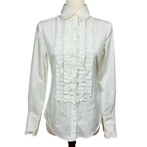 Elie Tahari White Ruffle Front Button Down Collared Blouse Women's Size Small